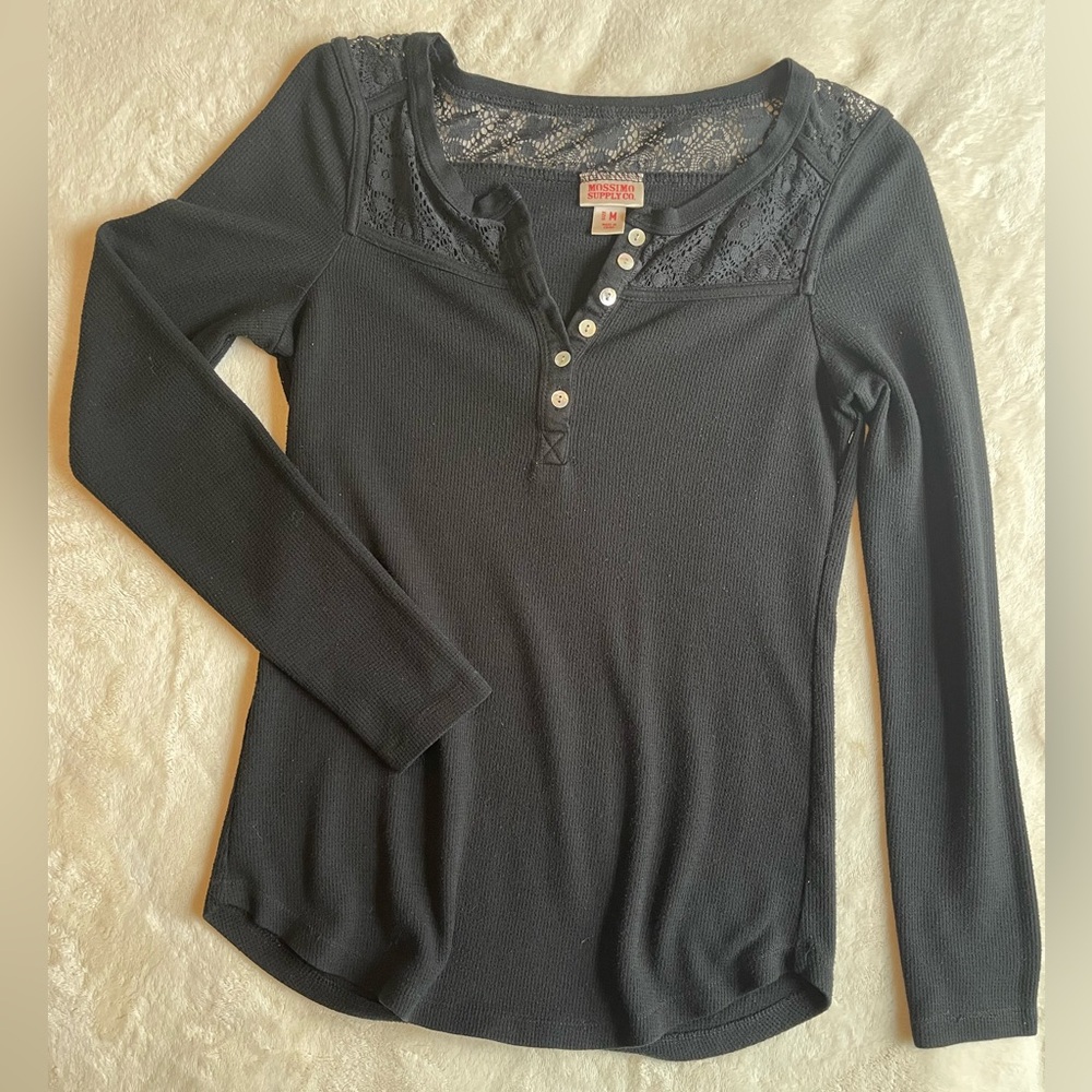 Mossimo Black Lace Yoke Thermal Henley Top Waffle Knit Shirt S